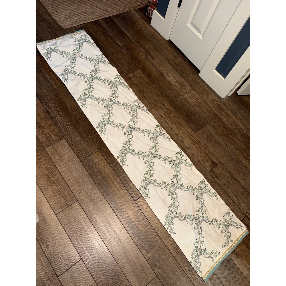 Rachel Zoe Beaded Floral Bow Embroidered Velvet Table Runner Cream Teal 72x16